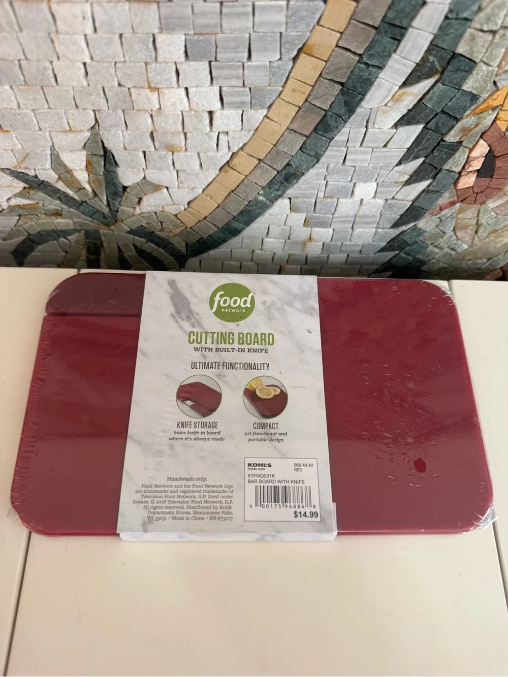 Food Network Burgundy Compact Cutting Board with Built-In Knife